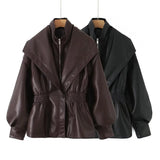 Fongt Fashion Collar Design Lantern Sleeve Imitation Leather Jacket Woman In Autumn 2025