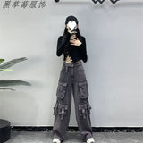 Fongt High Street Multi-Pocket Black Work Clothes Jeans Women 2025 New High-Waisted Loose Broad-Legged Trousers