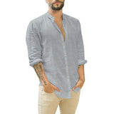 Fongt Men's New Linen Cardigan Pure Color Casual Collar Long-Sleeved