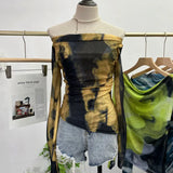 Fongt Dyed Printed Shoulder T-Shirt Design Sense Irregular Open Fork Thin Mesh Long Sleeve Top 8958