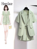 Ladies Elegant 3 Pieces Set Summer Short Sleeve Notched V Neck Blazer+chiffon Vest+shorts Sets For Women