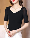 Half Sleeve T Shirt Women Spring Summer Black Tee Shirts V Neck Tops Femme Stretchy T-Shirts-Outfit
