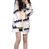Fongt Wave Color Stripe Knit Cardigan Female Medium Long Jacket Coat Autumn 2024 New Style Lazy Wind-Outfit