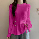 O-Neck Knitted Blouse Female Clothing Slim Waist 2023 Autumn Winter Long Sleeve Fashion Button Spliced Solid Color Shirt-Outfit