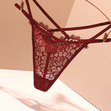 Fongt Sexy Embroidery Cross-Band Incognito Thin Lace Tone Transparent Low-Rise Hollow Tpants