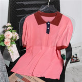 New 2022 Chic Korean Fashion Knitted Pullover Polo Collar Women Spring Summer Vintage Elegant Wild Lady Top