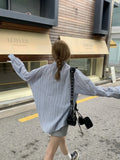 Fongt Stripe Polo Collar Long Sleeve Shirt Coat Female Autumn Thin Loose Show Thin Sunscreen Cardigan Top-Outfit