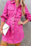 Turn Down Collar Corduroy Dress Femme Mini Outdoor Solid Dress With Belt Casual Long Sleeve Button Patchwork Loose