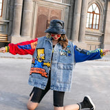 Jacket Outerwear Autumn Fashion Cartoon Sequin Print Long Sleeve Jackets Coat Loose Streetwear Female Denim Jacket
