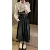 Simple Lapel Neck White Long Sleeve Shirts Women+ Y2k E-Girl High Waist Denim Skirts 2024 Autumn New Two Piece Sets-Outfit