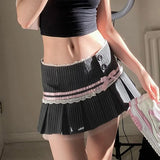 Style Playful Girl Striped Lace Bow Knot Pleated Skirt 2024 Spring / Summer New Low-Waist Skirt With Lining-Outfit