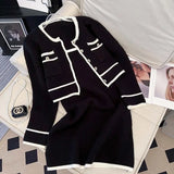Fashion Knitted Women Pocket Buttons Sweater Cardigan + Spaghetti Strap Dress Sets Autumn Small Fragrance Two Piece