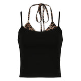 Girls Leopard Print Splicing Fake Two Sling Tops Women's Waistbands In Summer Show Thin Straps And Sexy Neck Vests-Outfit