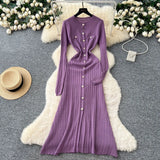 Fongt Small Fragrant High-Grade Metal Buckle Waist Dress Women 2025 Autumn Thin Temperament Hollow Knitted Long Dress
