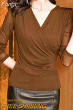 Mujer De Moda 2023 Autumn V Neck Solid Mesh Sequin Blouse Women Bottoming Shirt Long Sleeve Ladies Tops Womens