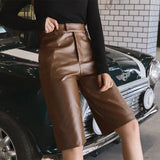 Size British Style Autumn Winter Women's PU Leather Short High Waist Motor Five Point Trouser Casual Straight