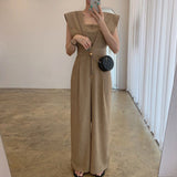 Chic Summer Retro Square Collar Collect Waist Show Thin Loose Versatile Long Sleeveless Jumpsuit Wide Leg Pants Woman-Outfit