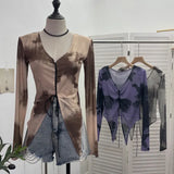 Real Shooting Hottie Slear Dye Printing V Tie With Hollow Irregular Shoulder Long-Sleeved T-Shirt