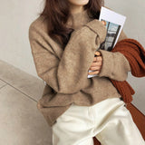 Neck Sweater Autumn And Winter 2024 New Loose Fashion Retro Lazy Style Solid Color Pullover Soft Waxy Sweater-Outfit