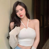 Women Tank Tops Solid Color Halter Sweet Camisole Slim Sexy Exposed Navel Crop Top-Outfit