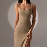 Fongt Niche 22 Summer New Solid Color Temperament Open Forked Bag Hips U-Neck Chain Sling Dress Woman