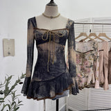 Fongt And Summer New French Style Tie Dyed Horn Long-Sleeved Lace Side Design T-Shirt 9980
