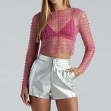 Fongt New Explosion Super Fairy Sexy Lace Jersey Bright Diamond Inside And Outside Wearing Mesh Long-Sleeved Top