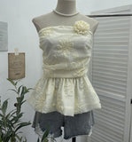 Fongt Bud Ponp-Upple Sling Vest With Three-Dimensional Flowers Shoulder-To-Heart Thai Top 9205