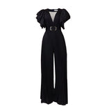 Fongt With Belt Large Size Women's New Mesh Perspective Sexy Folded Broad Leg Waist Jumpsuit