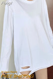 Split Fork Long T-shirt Women Casual Basic O-neck Long Sleeve Tee Shirt Autumn 2023
