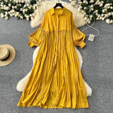 Fongt Retro Casual Dress Women's 2025 Spring Folding Lantern Sleeve Casual Loose Single-Dripple Shirt Long Dress