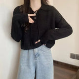 The New Korean Version Lace-Up Pullover In Spring 2024 Is Girly With Polo Collar And Simple Bottomed Sweater.-Outfit