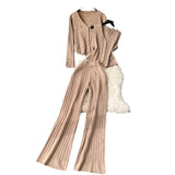 Fongt Feel Set 2025 Spring Women's Metal Buckle Vest Knitted Open-Shirt Broad Leg Pants Fashion Three-Piece Set