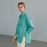 Polo Collar Full Drop Sleeve Casual Loose Straight Shirts Office Lady Pocket Design Cotton Solid Spring