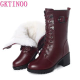 Boots Women Genuine Leather High-heeled Large Size Motorcycle Boots Women New Wool Warm Winter Boots for