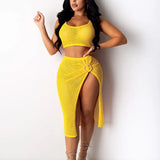Mesh Two Piece Set Women Summer Sexy Sleeeveless Crop Tops Side Split Midi Skirts Set See Through Beach Party