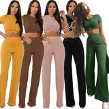 knitted long sleeve o-neck crop top wide leg pants 2 piece set for female women tops pants two pieces sets women's