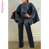 New Solid Color Bat Sleeves Loose Top Slim Fit Pants Two Piece Fashion Winter Elastic Cape Set-Outfit