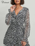 Summer Dresses For Women 2022 Black Print V-neck Long Sleeve Chiffon Ladies Dress Party Elegant Casual Office