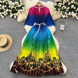 Fongt Women's Niche Elegant Dress New Hollow Nail Ball Neck-To-Celing Waist-Print Folding Long Skirt