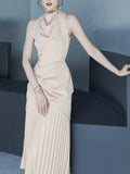 Women Pleated Temperament Dress Sleeveless Pile Collar Solid Asymmetrical 2024 Summer Lady Wedding Party Dresses TH808-Outfit