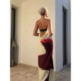 Fongt Holiday Wind And Show-Back Special Print Bra Long Skirts Open-Shoulder Casual Skirt