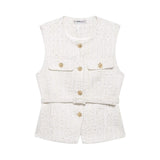 Fongt And Beads Coarse Spinning Vest 2025 Spring Temperament Metal Buttonless Sleeveless Round Collar Body Jacket Woman