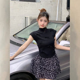 New Sweet Half-High Collar Slim Short Blouse Trend Sweet Wind Bow Small Flying Sleeve T-Shirt