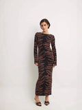 Fongt New Women's Fashion Elegant Round-Collar Knitted Long Dress Leopard Dress Dress Dress