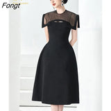Han Queen Summer Dresses Womens Korean Retro O-Neck A-Line Black Vestidos Elegant Fashion Slim Midi Office Party Casual