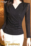 Mujer De Moda 2023 Autumn V Neck Solid Mesh Sequin Blouse Women Bottoming Shirt Long Sleeve Ladies Tops Womens