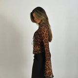 Fongt Print Thin Perspective Mesh Hoodie Shirt 2025 French Sexy Wind Lote Side Open Shirt Wearing Outside The Sleeve