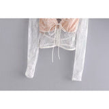 Fongt New Women's Low-Chest Romance V-Neck Long Sleeves After The Hollow Bubble Bubble Sleeve Lace Tset Shirt