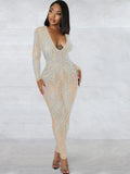 Sparkle Black Silver Rhinestones V Neck Sheer Jumpsuits Women Glitter Long Sleeve Mesh Crystal Romper Nightclub